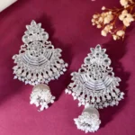 silver toned kundan & pearl traditional chandbali jhumka earrings