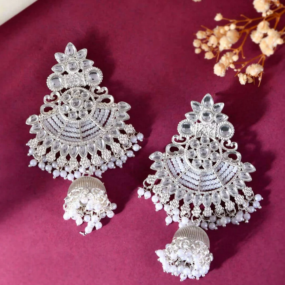silver toned kundan & pearl traditional chandbali jhumka earrings silver toned kundan & pearl traditional chandbali jhumka earrings